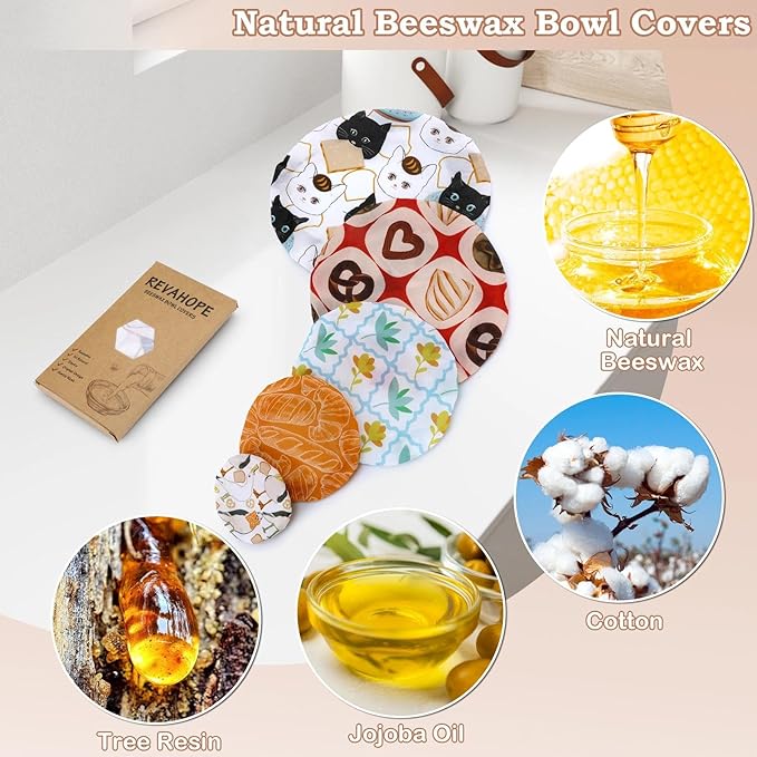 5-Size Reusable Beeswax Bowl Covers for Bread Proofing, Cotton Cloth Flexible Beeswax Wraps for Food Storage(Toast Cat) - Image 3