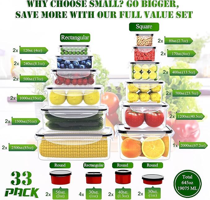 RockBerry 66 Pcs Large Food Storage Containers with Lids Airtight-Total 19075ML Stackable Kitchen Bowls Set(31 Containers,31 Lids) 2500ML to Small Box-BPA Free Leak proof Plastic Boxes-Microwave safe - Image 2