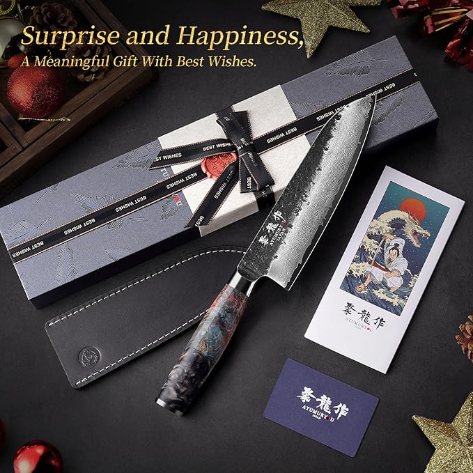 Japanese Santoku Knife 7 Inch, Hand Forged 67 Layers Damascus VG10 Steel Core Chef Knife for Home ＆ Professional Chefs, Kitchen Knives with Leather Sheath and Luxury Gift Box, Ideal Cooking Gift