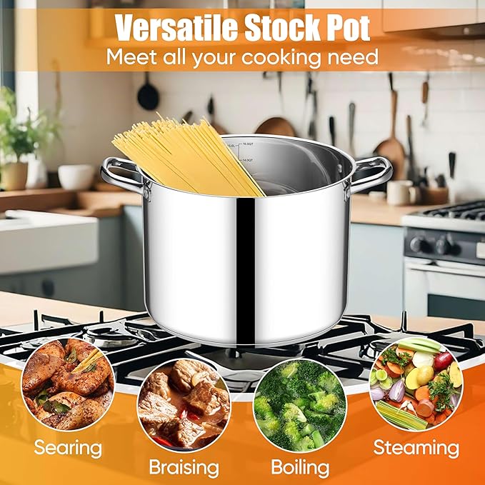 E-far 16 Quart Stainless Steel Stock Pot, Large Heavy Duty Induction Stockpot with Glass Lid for Cooking Soup Canning, Thick Tri-Ply Bottom & Riveted Handle, Compatible with All Stove, Dishwasher Safe - Image 4