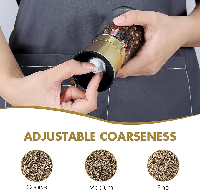 vzaahu Golden Salt and Pepper Grinders with Funnel, Brush - Adjustable Coarseness Shiny Gold Cap Seasalt Peppermill Set Refillable with Magnetic Lid, for Modern, Kitchen Decoration Gift - Image 5