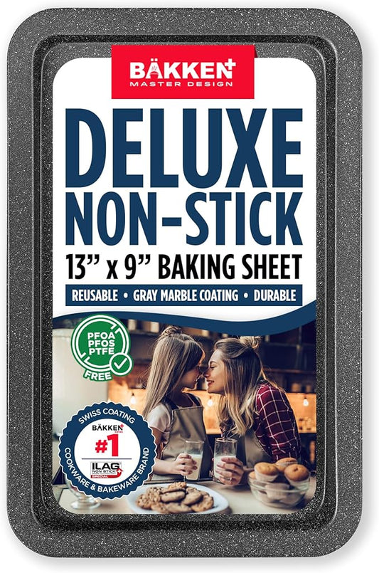 BAKKEN Kitchen Baking Pans - Nonstick Gray Coating, 13.18’’ × 8.66’’ Commercial Grade Carbon Steel Cookie Sheet, Baking Kitchen Essentials, PFOA, PFOS, PTFE Free, Oven Safe Tray (450° F), Gray Marble by Unknown