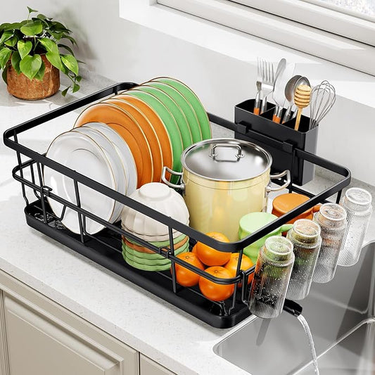 TOOLF Dish Drying Rack, Dish Racks for Kitchen Counter, Stainless Steel Sink Organization and Storage Essentials with Cutlery Holder, Dish Drainer, Home and Appartment Decor, 12.4''W x 16.5''L, Black