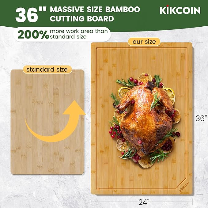Kikcoin 36”×24” Bamboo Cutting Boards for Kitchen, Heavy Duty Wooden Cutting Boards, Healthy Extra Large Chopping Boards with Deep Juice Groove and Handle, Oversized Stove Top Cover, Natural - Image 2