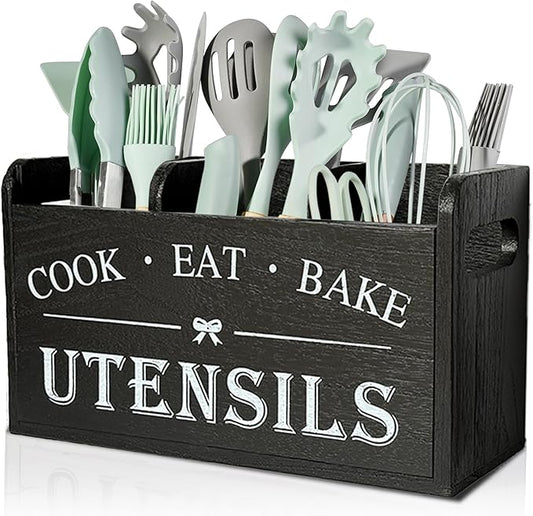 Wooden Kitchen Utensil Holder with 3 Compartments, Utensil Storage Organizer for Kitchen Counter, Farmhouse Decor & Rustic Cooking Tools Storage(Black) by Atooge