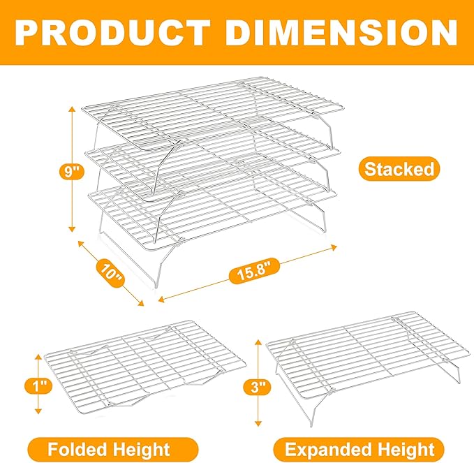 3 Tier Stackable Cooling Rack for Batch Cooling Cookie, Pizza, Cake-15.8”x 10”- Heavy Duty Cooling Racks for Cooking and Baking, Oven and Dishwasher Safe Baking Supplies-Silver - Image 4