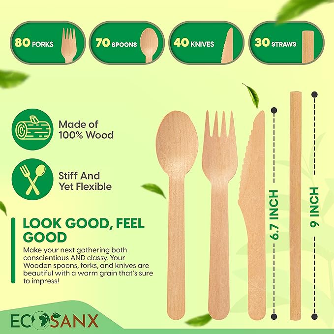 Bamboo Cutlery Set - Wooden Utensils for Eating - Disposable Wooden Cutlery set of 220 (80 Forks 70 Spoons 40 Knives 30 Straws) Bamboo Disposable Utensils - ECO Friendly Compostable Utensil for Party - Image 2