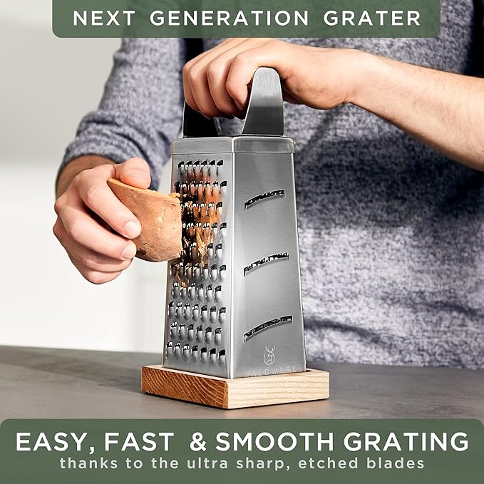WALDWERK Premium Grater with Etched Stainless Steel Blades - Grater for Kitchen with Oak Wood Base - Box Grater with 4 Sides for Parmesan Cheese, Vegetables, Carrots, or Potatoes - Cheese Grater - Image 2
