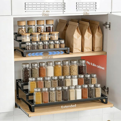 SANKEU Expandable Spice Rack Organizer for Cabinet 3 Tiered Metal Seasoning Organization with Guardrails Spice Shelf Storage for Jars Adjustable Length 13"-21" Black 1Pack - Image 2