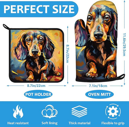 Watercolor Dog Oven Mitts and Pot Holders Sets Heat Resistant 4Pcs Potholders Oven Gloves Hot Pads for Kitchen Baking Cooking Grilling BBQ
