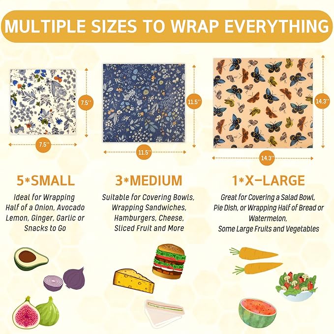 Reusable Beeswax Wrap - 9 Pack Beeswax Wraps for Food, Eco-Friendly Beeswax Food Wraps, Bread Sandwich Wrapper - Organic, Sustainable, Zero Waste, Reusable Plastic-Free Food Storage Wrap, 1XL, 3M, 5S - Image 3