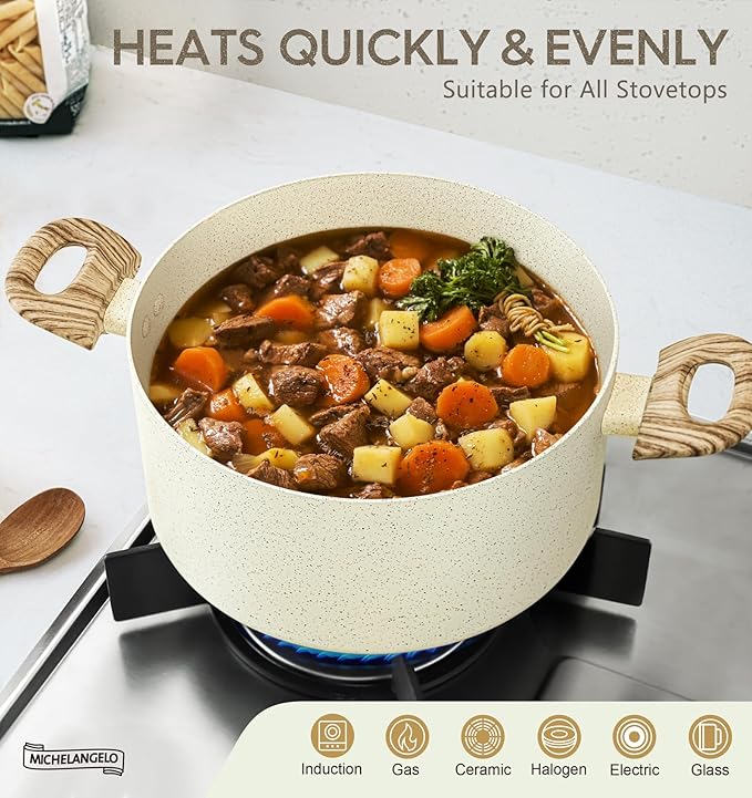 MICHELANGELO 5 Quart Stock Pot with Lid, Nonstick Soup Pot with Lid, Induction Cooking Pot White Granite, Non Stick Pot with Stay-cool Handle, 5 Quart Nonstick Pot for Cooking - Image 4