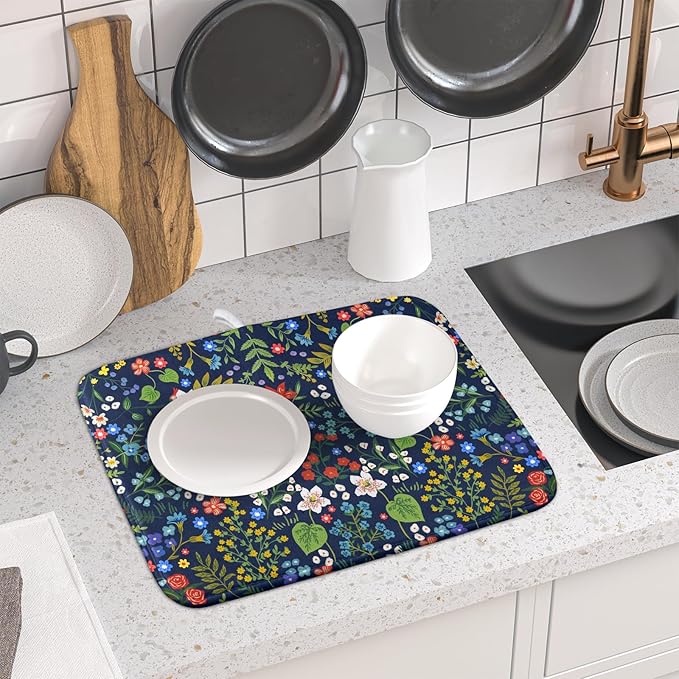 Flower Floral Dish Drying Mat Microfiber Navy Blue Absorbent Drying Pad for Kitchen Counter Small - Image 6