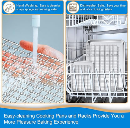 P&P CHEF 12.5 + 9 Inch Toaster Oven Pan with Rack Set, Stainless Steel Baking Pan Tray and Grid Cooling Rack for Cooking/Roasting, Dishwasher Safe & Easy to Clean, Non-toxic & Sturdy, (4Pcs)