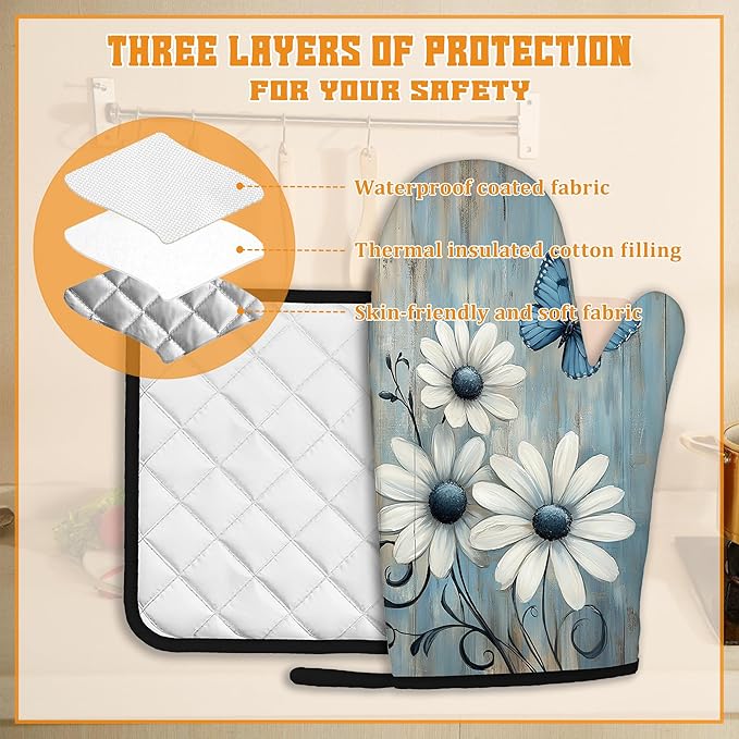 Blue Butterfly Oven Mitts and Pot Holders,Vintage Daisy Wooden Heat Resistant Oven Mitts Gloves and Pot Holder for Home Kitchen Decorations Cooking Baking BBQ Gifts,Set of 4