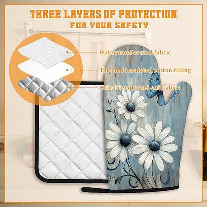 Blue Butterfly Oven Mitts and Pot Holders,Vintage Daisy Wooden Heat Resistant Oven Mitts Gloves and Pot Holder for Home Kitchen Decorations Cooking Baking BBQ Gifts,Set of 4