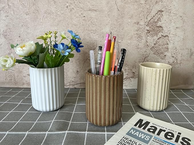 TOPYOKK Stoneware Coffee Bar Utensil Holder Tea & Coffee Spoon & Stirrer Holder for Stir Stick Straw Teaspoon Holder Spoon Cup Small Utensil Jar Fluted Vertical Stripe (Speckled Beige) - Image 4
