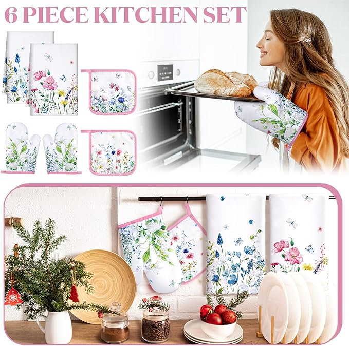 Leinuosen 6 Wild Flower Kitchen Towels Kitchen Decor and Accessories Set Floral Plant Oven Mitts and Pot Holders Sets Farmhouse Absorbent Dish Towels for Cooking Baking Grilling - Image 2