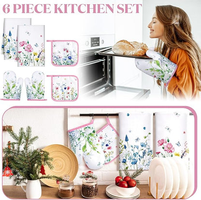 Leinuosen 6 Wild Flower Kitchen Towels Kitchen Decor and Accessories Set Floral Plant Oven Mitts and Pot Holders Sets Farmhouse Absorbent Dish Towels for Cooking Baking Grilling - Image 2