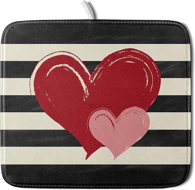 Valentines Day Dish Drying Mat for Kitchen Counter 16x18 Inch Red Pink Love Heart Black Striped Print Absorbent Reversible Microfiber Drying Mats Kitchen Countertop Protector Dishes Drainer Rack Pad by Aytipun