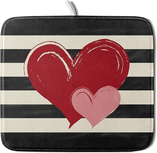 Valentines Day Dish Drying Mat for Kitchen Counter 16x18 Inch Red Pink Love Heart Black Striped Print Absorbent Reversible Microfiber Drying Mats Kitchen Countertop Protector Dishes Drainer Rack Pad by Aytipun