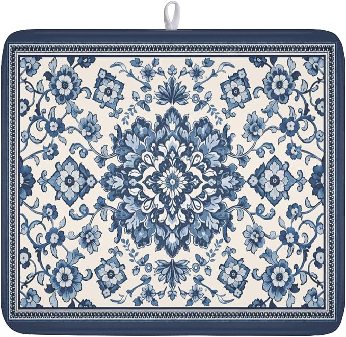 Blue Floral Dish Drying Mat for Kitchen Counter Vintage Flower Pattern Microfiber Dish Drainer Mat Rustic Farmhouse Absorbent Washable Drying Pad Extra Large 16"x18"