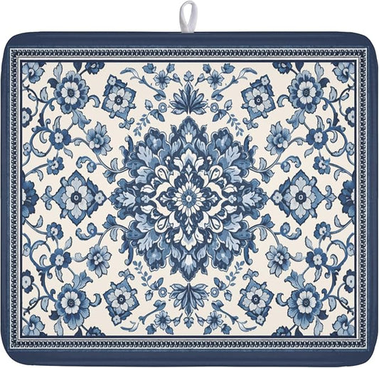 Blue Floral Dish Drying Mat for Kitchen Counter Vintage Flower Pattern Microfiber Dish Drainer Mat Rustic Farmhouse Absorbent Washable Drying Pad Extra Large 16"x18"