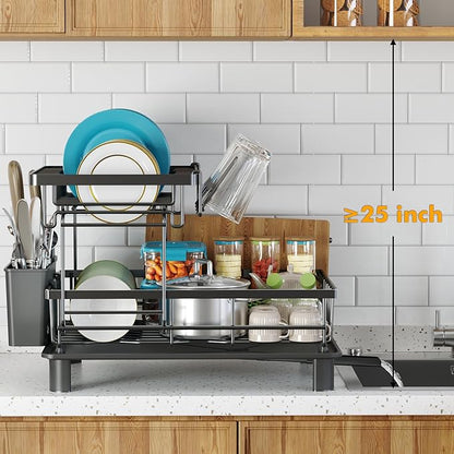 Dish Drying Rack, 2 Tier Dish Racks for Kitchen Counter, Compact Drying Rack Kitchen, Rust-Resistant Dish Drainer, Detachable Space-Saving Dish Rack with Drainboard, Utensil Holder, Black - Image 9
