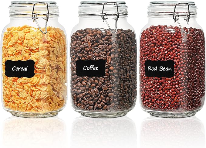 ComSaf Set of 3 Square Glass Jars with Airtight Lids (51 Oz), Wire Clamp Canisters for Pickling, Kombucha & Bulk Food, Wide Mouth Canning Jars for Space Saving Kitchen & Pantry Organization by ComSaf