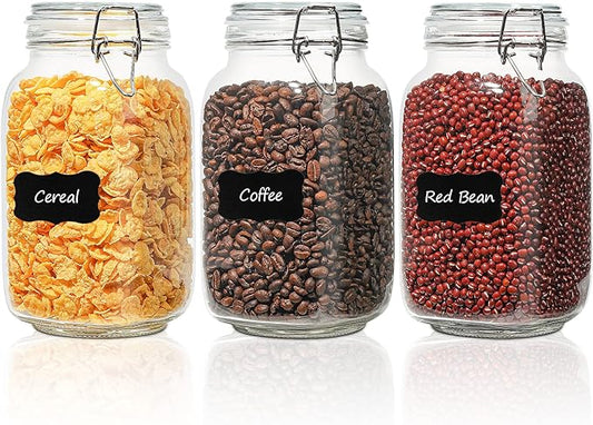 ComSaf Set of 3 Square Glass Jars with Airtight Lids (51 Oz), Wire Clamp Canisters for Pickling, Kombucha & Bulk Food, Wide Mouth Canning Jars for Space Saving Kitchen & Pantry Organization by ComSaf