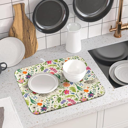 Spring Easter Dish Drying Mat for Kitchen Counter 16x18 Rabbit Bunny Green Pink Floral Vintage Print Absorbent Reversible Microfiber Drying Mats Kitchen Countertop Protector Dishes Drainer Rack Pad - Image 6