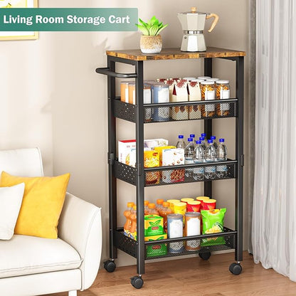 Vivihomety Utility Slim Storage Cart with Wheels, 4-Tier Narrow Rolling Organizer Shelf with Wood Top, Metal Storage Rack and Space-Saving Organizer for Bathroom, Kitchen, Laundry Room, Small Spaces - Image 6