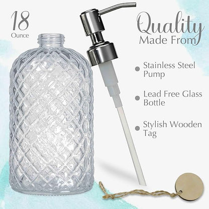 JASAI 18Oz Gem Patterned Clear Glass Soap Dispenser with Rust Proof Pump, Refillable Hand soap Dispenser for Kitchen, Premium Bathroom Soap Dispenser for Dish Soap, Hand soap, Lotion(Clear). - Image 2