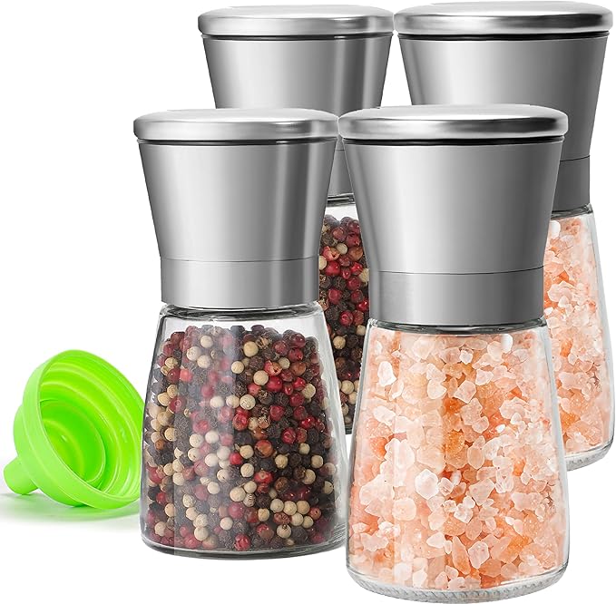 Premium Stainless Steel Salt and Pepper Grinder Set of 4 - Adjustable Ceramic Sea Salt Grinder & Pepper Grinder - Glass Salt and Pepper Shakers - Pepper Mill & Salt Mill W/Funnel by MJINGMEI
