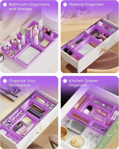 BiuLeon 25 PCS Plastic Drawer Organizers Set, 4-Sizes Vanity and Makeup Organizer, Desk and bathroom Drawer Organizer Trays, Organizers and Storage for Makeup, Jewelry, Gadgets, Utensils (Purple) - Image 7
