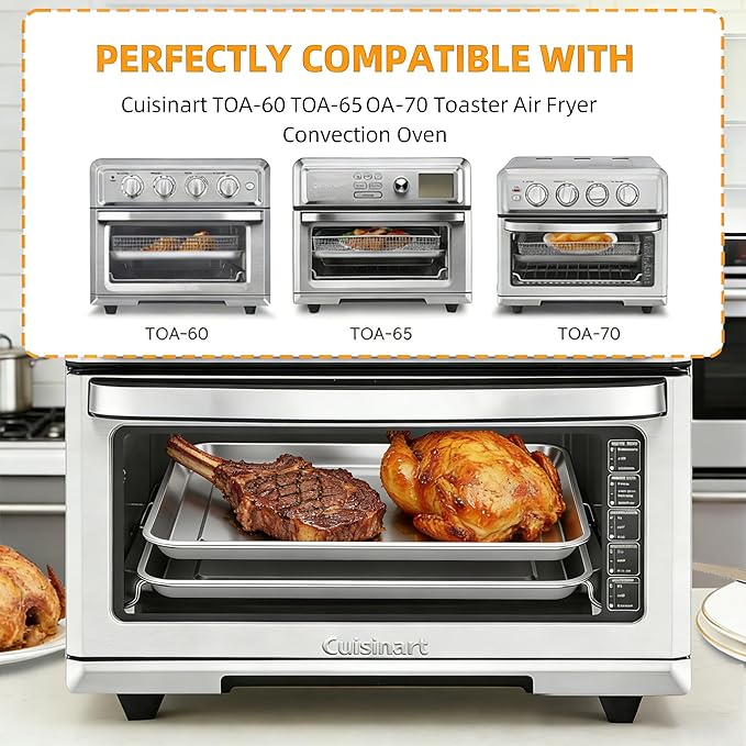 Baking Pan Stainless Steel Set of 2, 12.4"x11" Air Fryer Pan Replacement Tray for Cuisinart TOA-060 and TOA-065 TOA-70 Airfryer Toaster Oven Accessories Parts for Cooking Bread and Broiling, NonStick