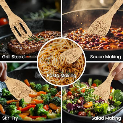 CUTHOLLOW 6PCS Marine Animals Wooden Kitchen Cooking Utensil Set, 11.9in Non Toxic Bamboo Wood Spoon Set for Cooking, Best Housewarming Birthday Thanksgiving Christmas Gift for Women Mother