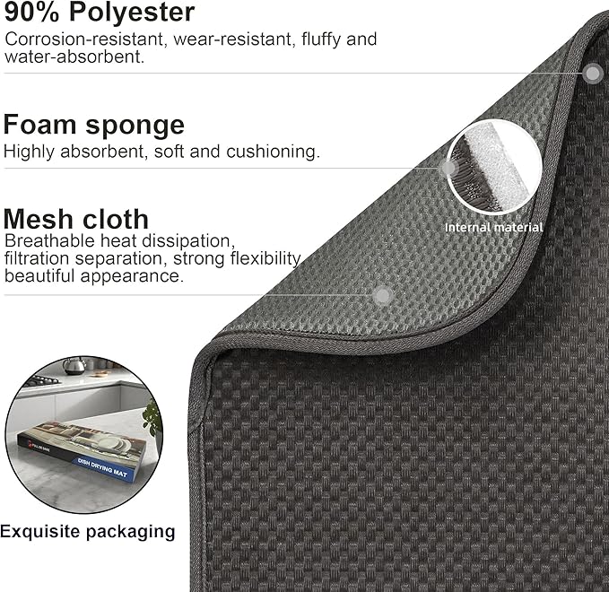 Dark Gray Dish Drying Mats 20" x 15", XL Kitchen Drying Mat for Counter, Microfiber Dish Dryer Mat, Microfiber Dish Rack Mat, Foldable Dish Drying Pad for Dishes, Pots, Pans (Dark Gray) - Image 4