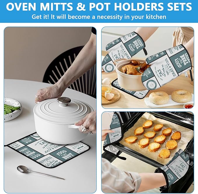 Vintage Farmhouse Food Pattern Oven Mitts and Pot Holders Sets Heat Resistant 4Pcs Potholders Oven Gloves Hot Pads for Kitchen Baking Cooking Grilling BBQ