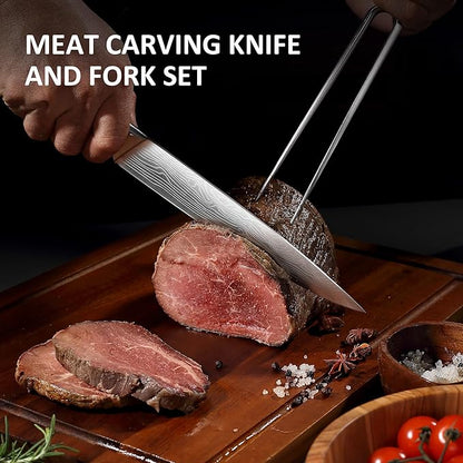 YOTSUBA Japanese Carving Knife and Fork Set, Razor-Sharp German Stainless Steel, Full Tang Ergonomic Rosewood Handle, Slicing Knife for Meats, BBQ & Brisket, Premium Gift Set