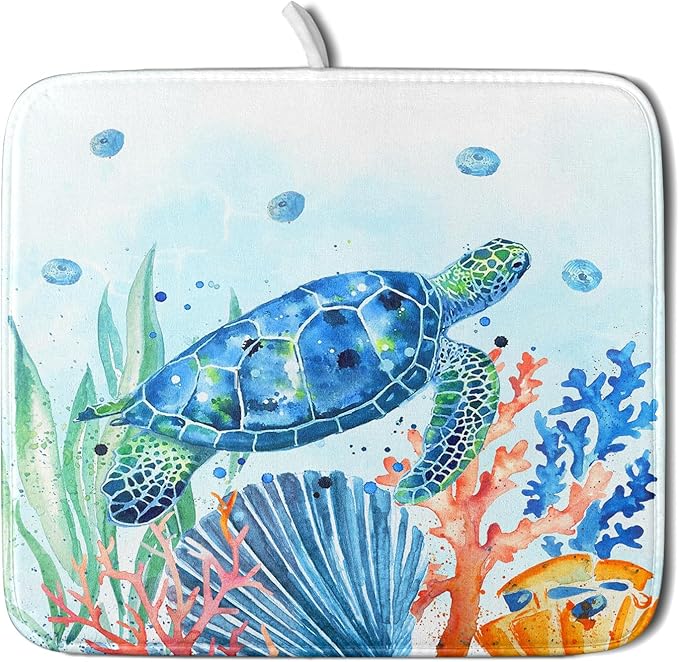 Giwawa Sea Turtle Dish Drying Mat 16x18in Watercolor Blue Tortoise Dish Drainer Mats Nautical Ocean Coral Seashell Seaweed Microfiber Dish Drying Pad for Kitchen Countertop Small Decor