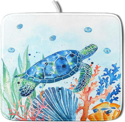 Giwawa Sea Turtle Dish Drying Mat 16x18in Watercolor Blue Tortoise Dish Drainer Mats Nautical Ocean Coral Seashell Seaweed Microfiber Dish Drying Pad for Kitchen Countertop Small Decor