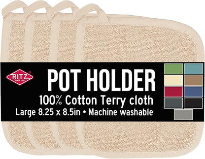 RITZ Terry Potholder & Hot Pad: Unparalleled Heat Resistant, Durable 100% Cotton – Ergonomically Designed for Optimal Grip – Easy-Care Machine Washable – 4-Pack, Latte by Ritz+Foodservice