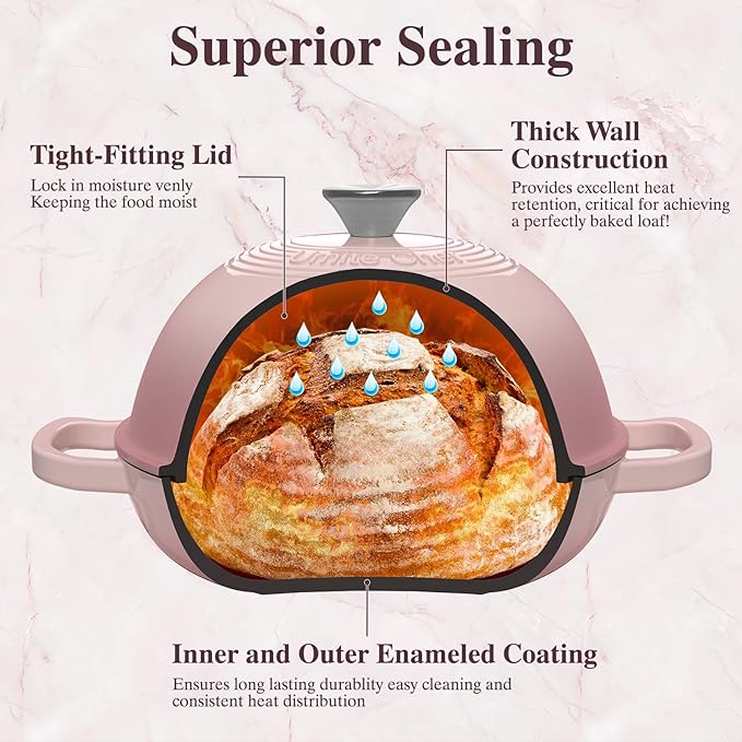 Cast Iron Dutch Oven Pot with Lid, Round Bread Oven for Sourdough Bread Baking, Umite Chef Enameled Cast Iron Bread Oven with Dome Lid & Cotton Potholders for Sourdough, Pink, 6 Quarts - Image 5