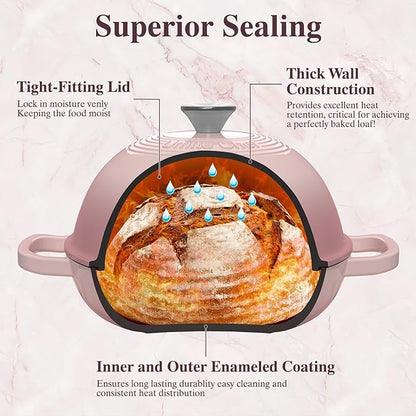 Cast Iron Dutch Oven Pot with Lid, Round Bread Oven for Sourdough Bread Baking, Umite Chef Enameled Cast Iron Bread Oven with Dome Lid & Cotton Potholders for Sourdough, Pink, 6 Quarts - Image 5