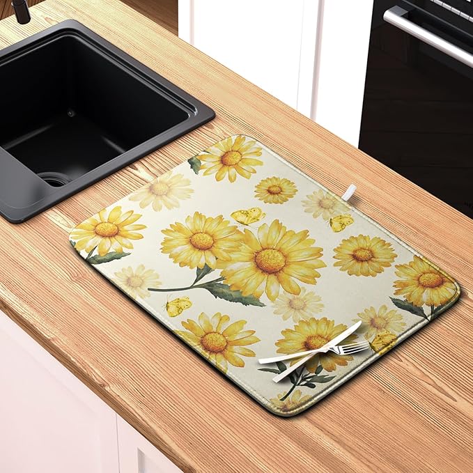 Yellow Sunflower Dish Drying Mat for Kitchen Counter Summer Daisy Floral Dishes Pad Farmhouse Flower Dish Draining Microfiber Absorbent Dish Drainer Rack Mat Large 16x18 Inch - Image 6