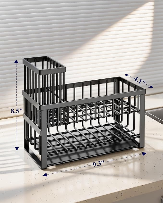 Kitsure Sponge Holder for Kitchen Sink - Rustproof Stainless Steel Sink Caddy Organization and Storage Essentials with High Brush Holder, Home Decor Accessories, 9.3" x 4.1" x 8.5", Black - Image 2