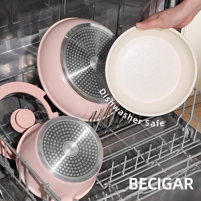 BECIGAR 8PCS Ceramic Cookware,Nonstick Ceramic Pan, Removable Handle Pots and Pans Set, Stackable Pan Set, Nonstick Pots and Pans Set Non Stick pot(Pink) - Image 6
