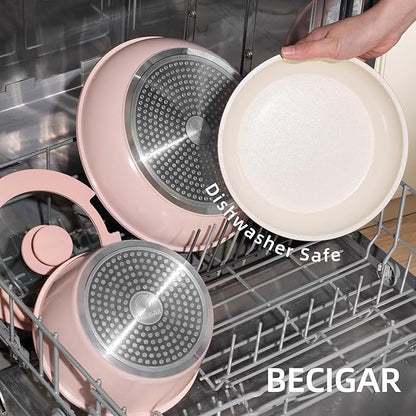BECIGAR 8PCS Ceramic Cookware,Nonstick Ceramic Pan, Removable Handle Pots and Pans Set, Stackable Pan Set, Nonstick Pots and Pans Set Non Stick pot(Pink) - Image 6