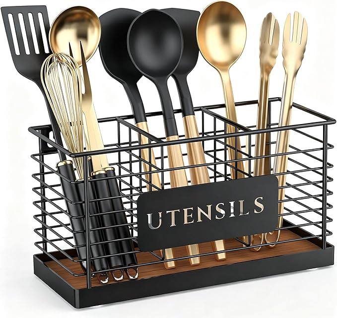 THYGIFTREE Utensil Holder for Kitchen Counter Large Black Metal Cooking Utensil Organizer 3 Compartments for Countertop Kitchen Tool Spatula Holder Wood Base by THYGIFTREE